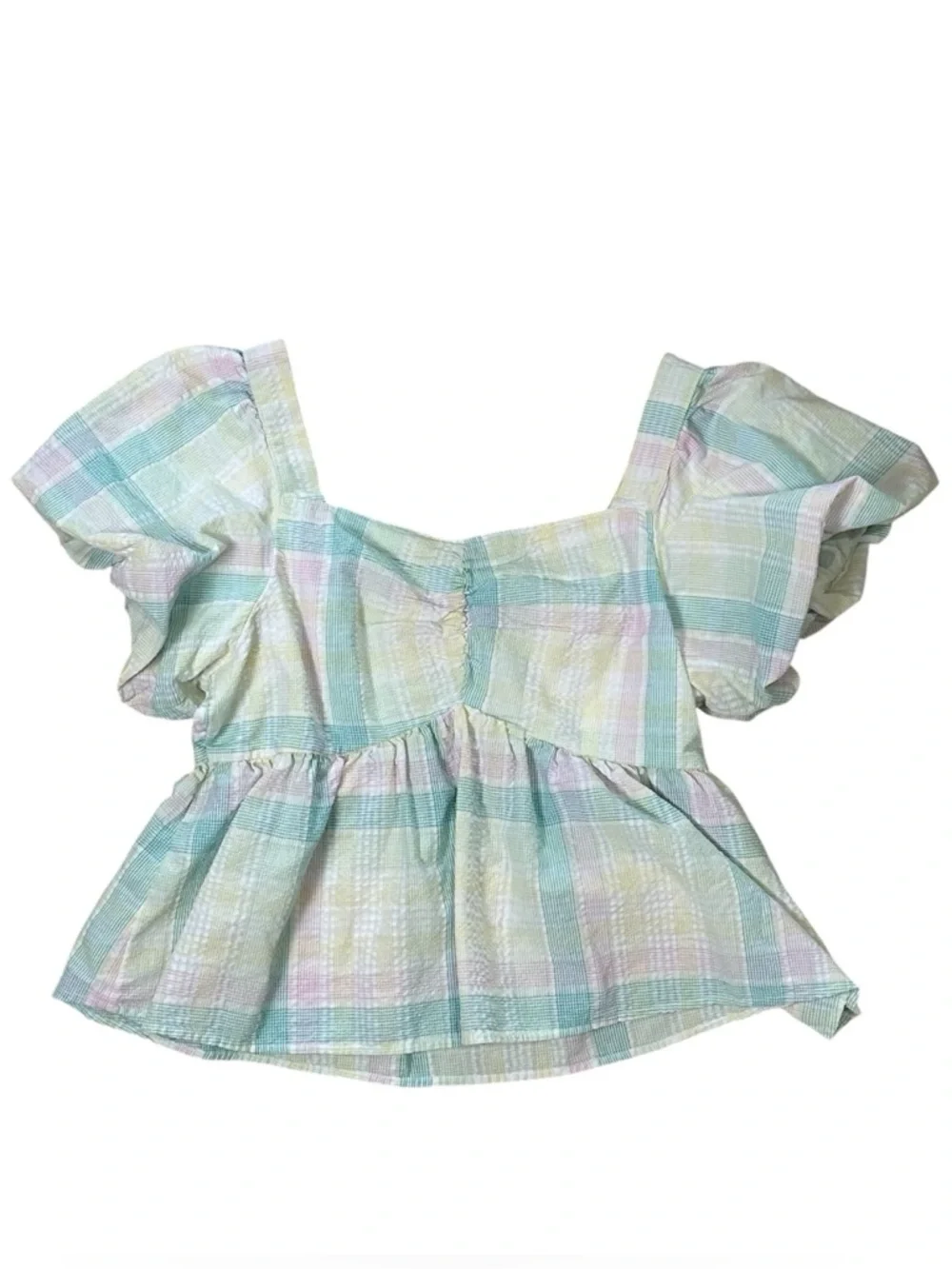Old Navy Women’s L Pastel Puff-Sleeve Seersucker Babydoll Milkmaid Swing Blouse